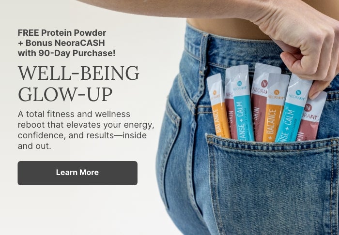 A woman holds three NeoraFit sachets to her chest. Accompanying text mentions you can learn more about a 90-Day Well-Being Glow-Up.